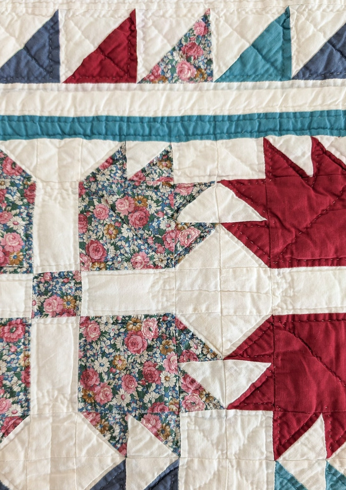 Vintage Patchwork Quilt with Floral Detailing 82" x 64"