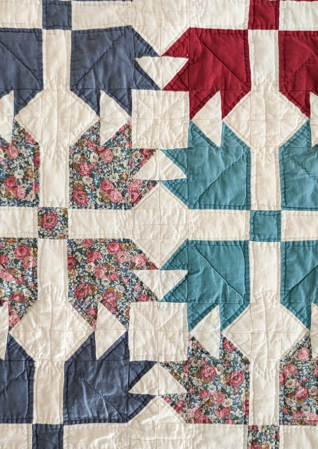 Vintage Patchwork Quilt with Floral Detailing 82" x 64"