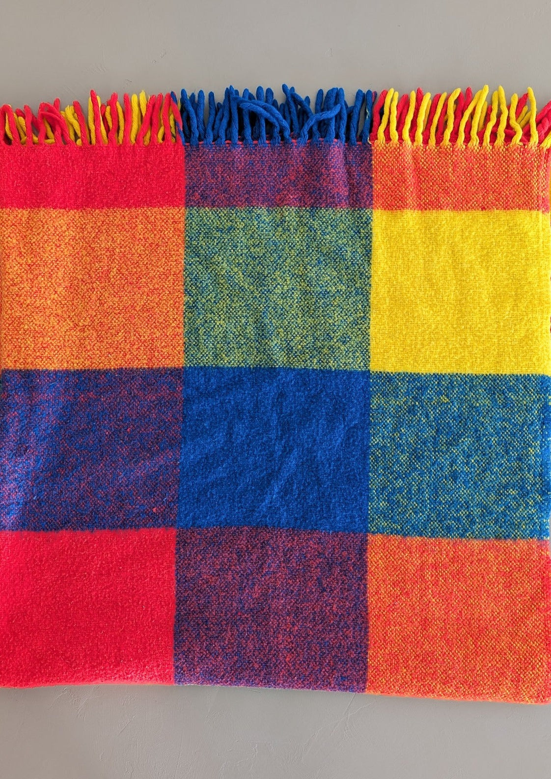 Rainbow Checkered Fringe Wool Blanket 54" x 49"