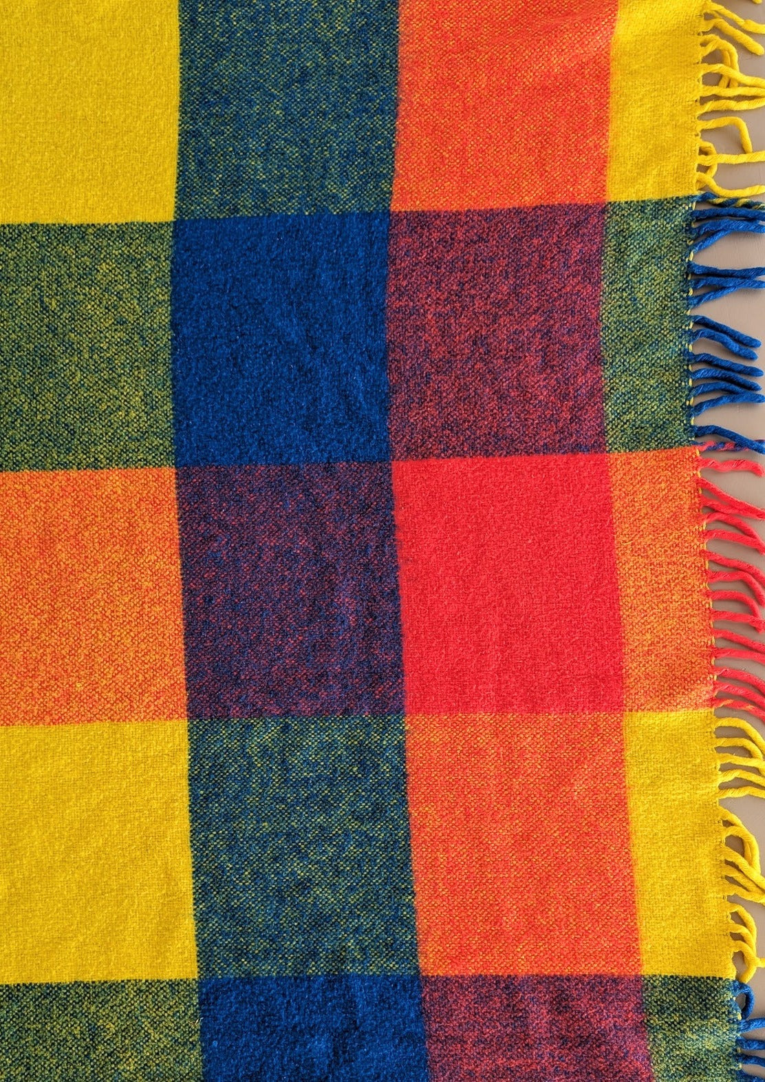 Rainbow Checkered Fringe Wool Blanket 54" x 49"