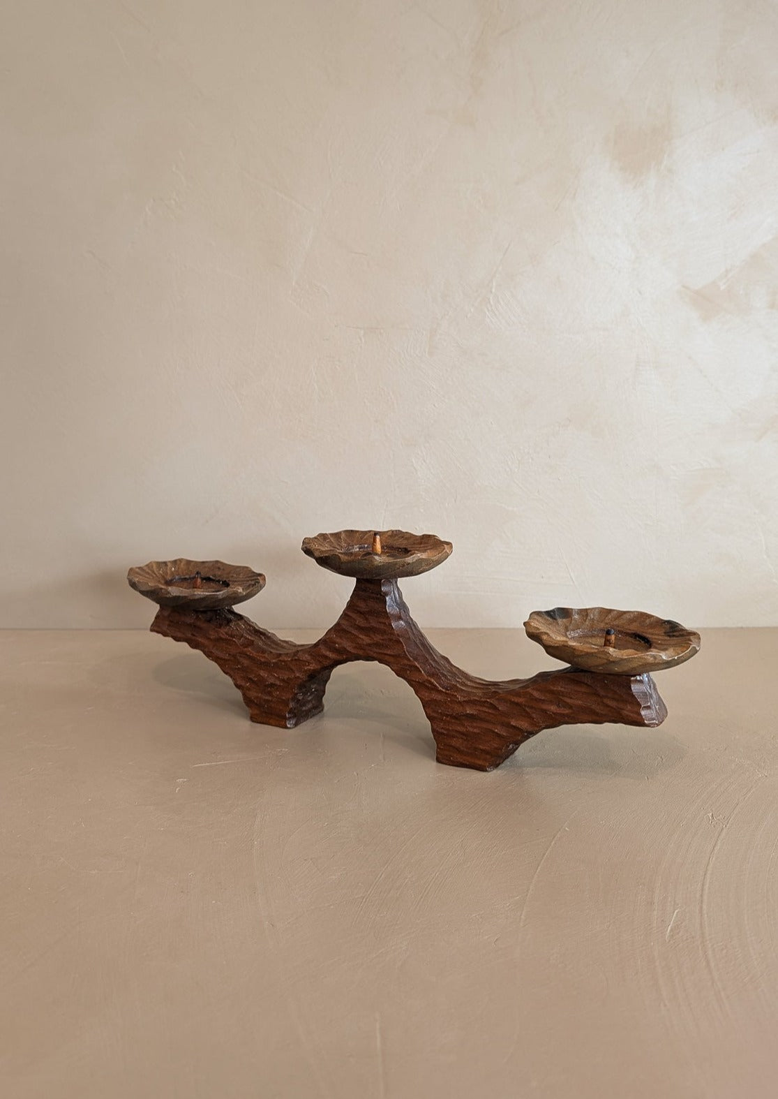 Vintage German Hand-carved Wooden Brutalist Candelabra