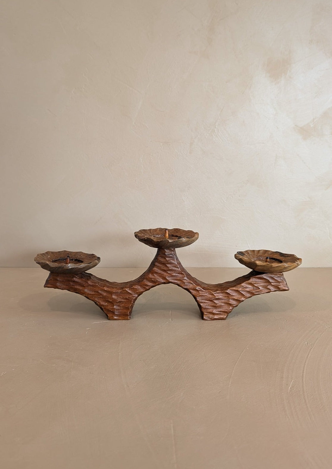 Vintage German Hand-carved Wooden Brutalist Candelabra