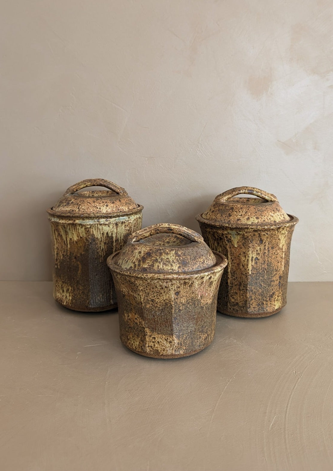 Trio of Speckled Studio Pottery Lidded Canisters