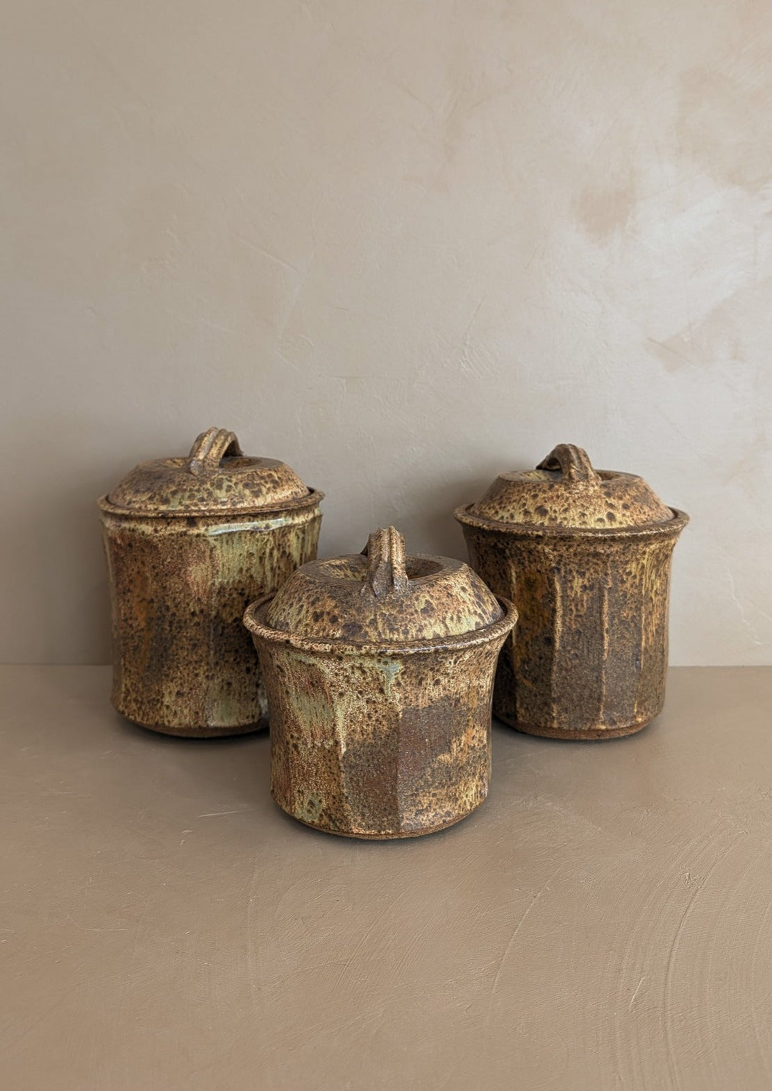 Trio of Speckled Studio Pottery Lidded Canisters