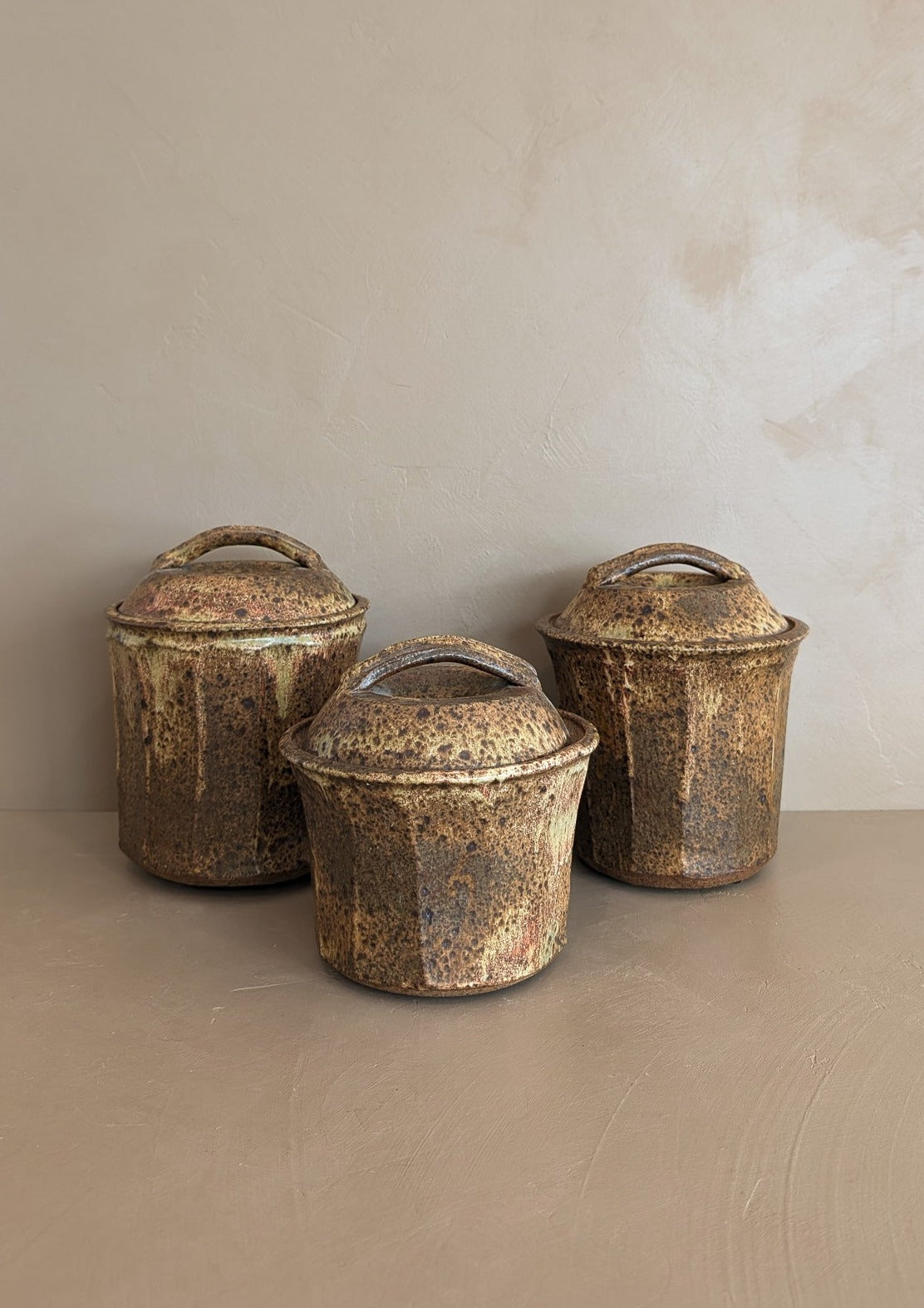 Trio of Speckled Studio Pottery Lidded Canisters