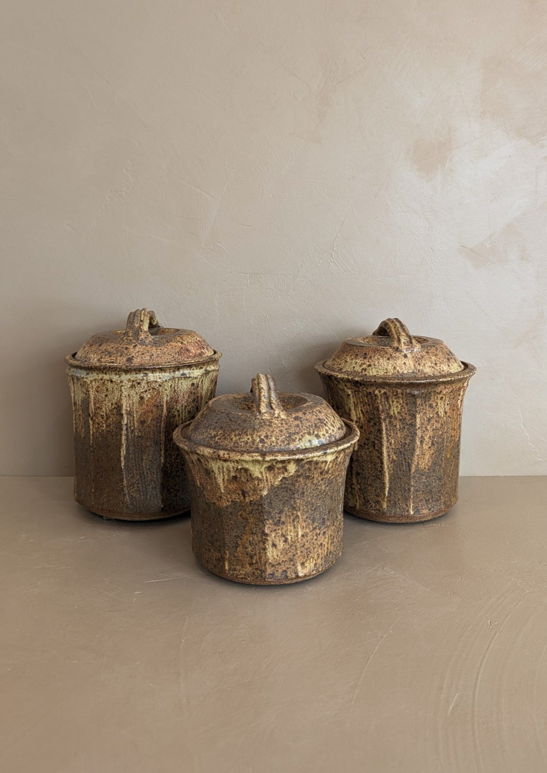 Trio of Speckled Studio Pottery Lidded Canisters