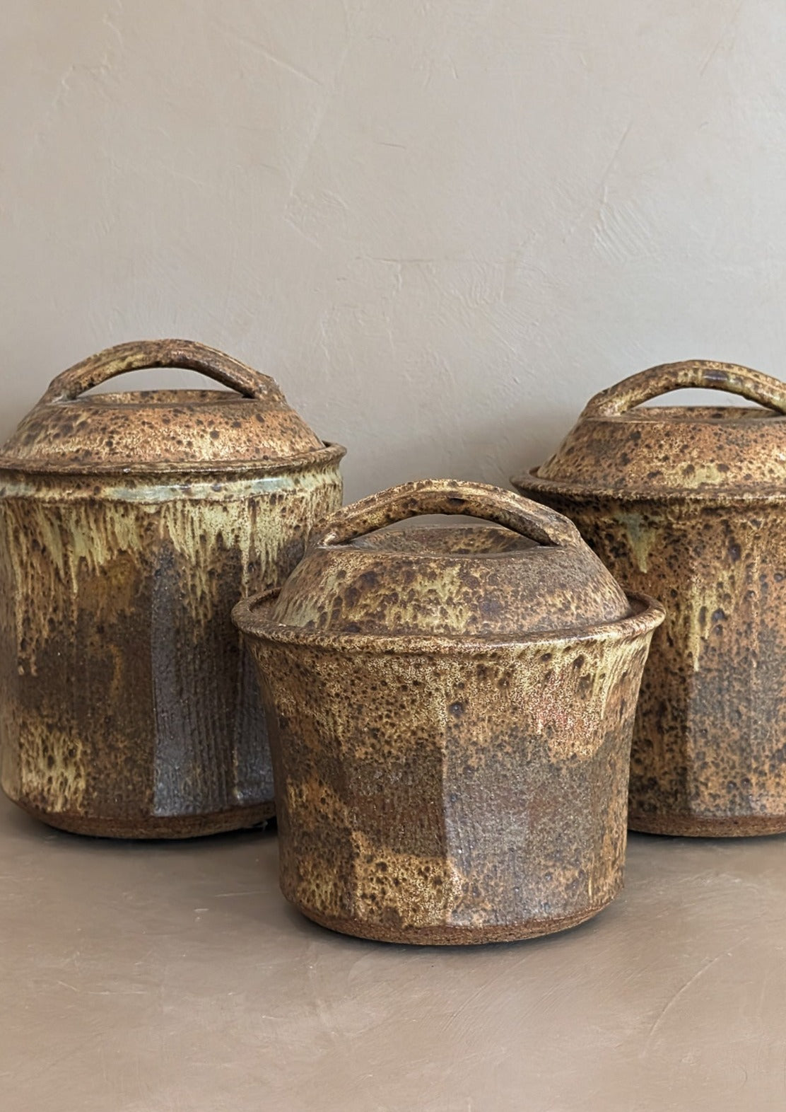 Trio of Speckled Studio Pottery Lidded Canisters