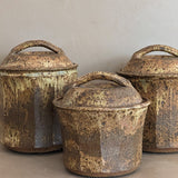 Trio of Speckled Studio Pottery Lidded Canisters