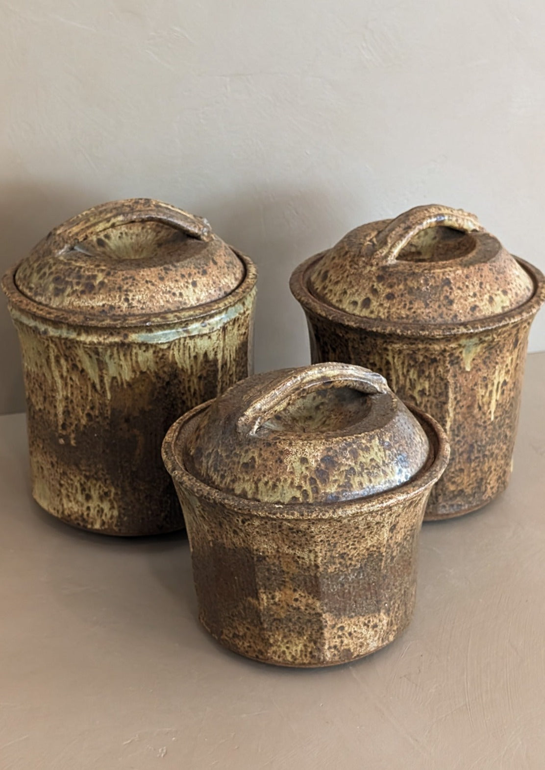 Trio of Speckled Studio Pottery Lidded Canisters