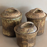 Trio of Speckled Studio Pottery Lidded Canisters