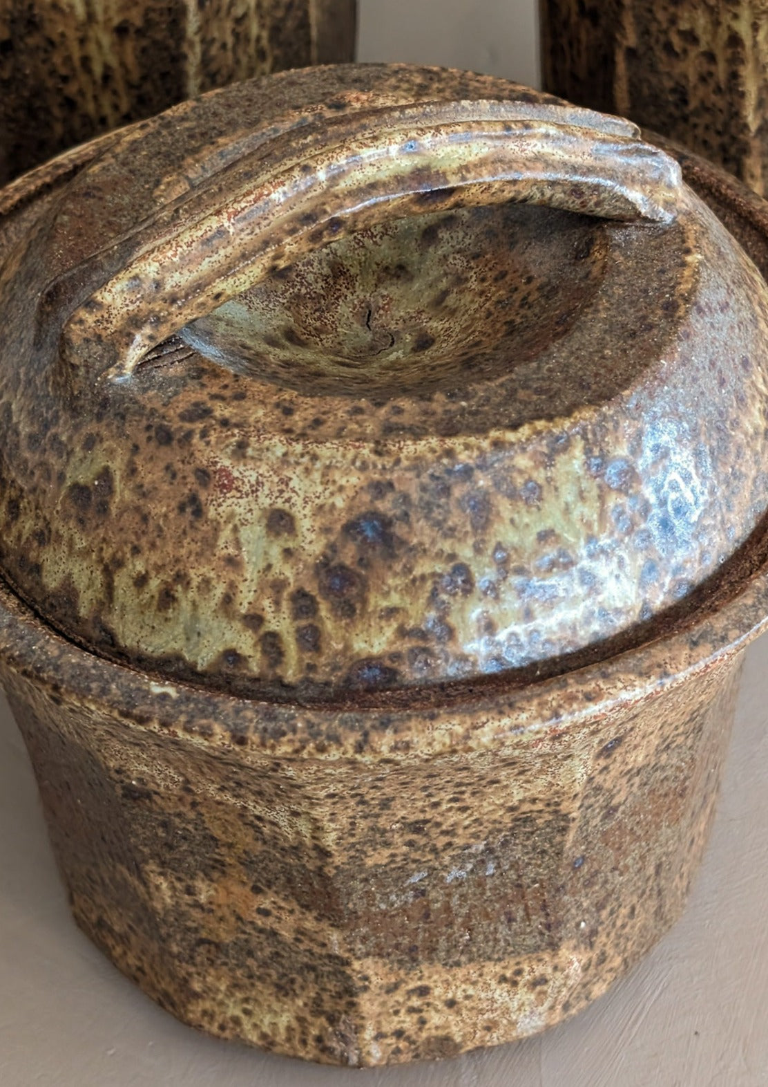 Trio of Speckled Studio Pottery Lidded Canisters