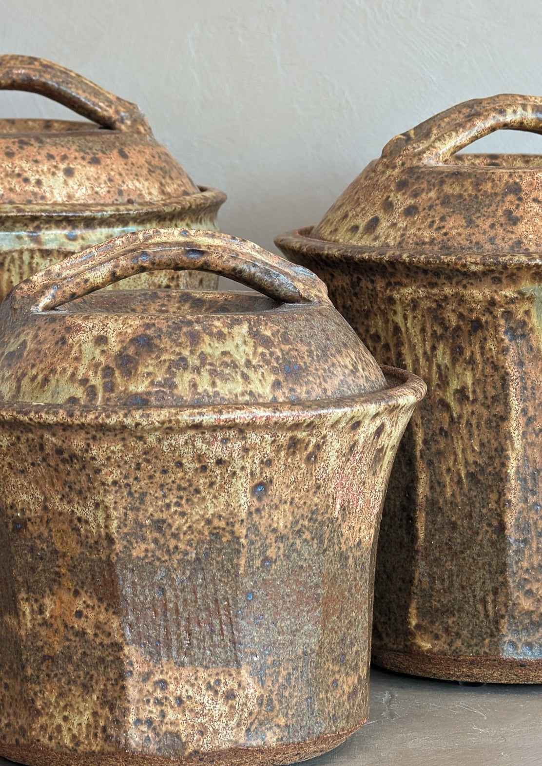 Trio of Speckled Studio Pottery Lidded Canisters