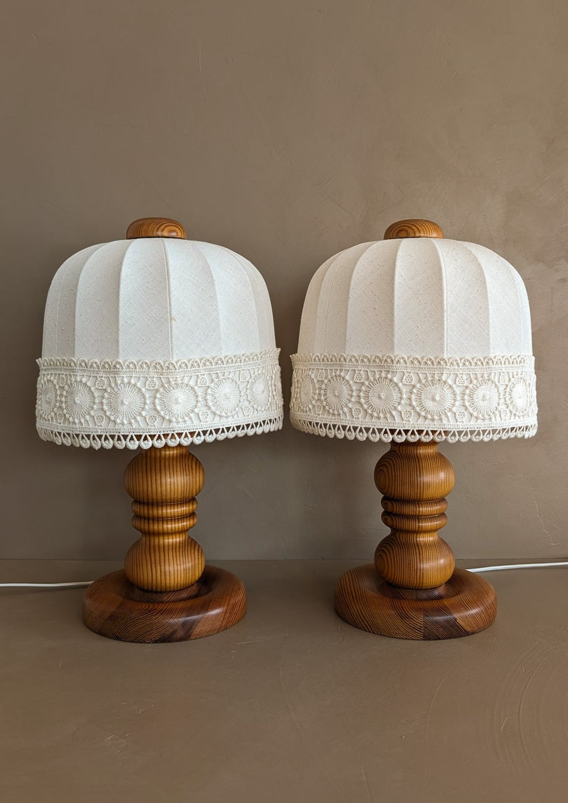 Pair of Vintage Swedish Markslöjd Pine Table Lamps with Original Linen Shades and Lace Trim