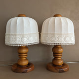 Pair of Vintage Swedish Markslöjd Pine Table Lamps with Original Linen Shades and Lace Trim