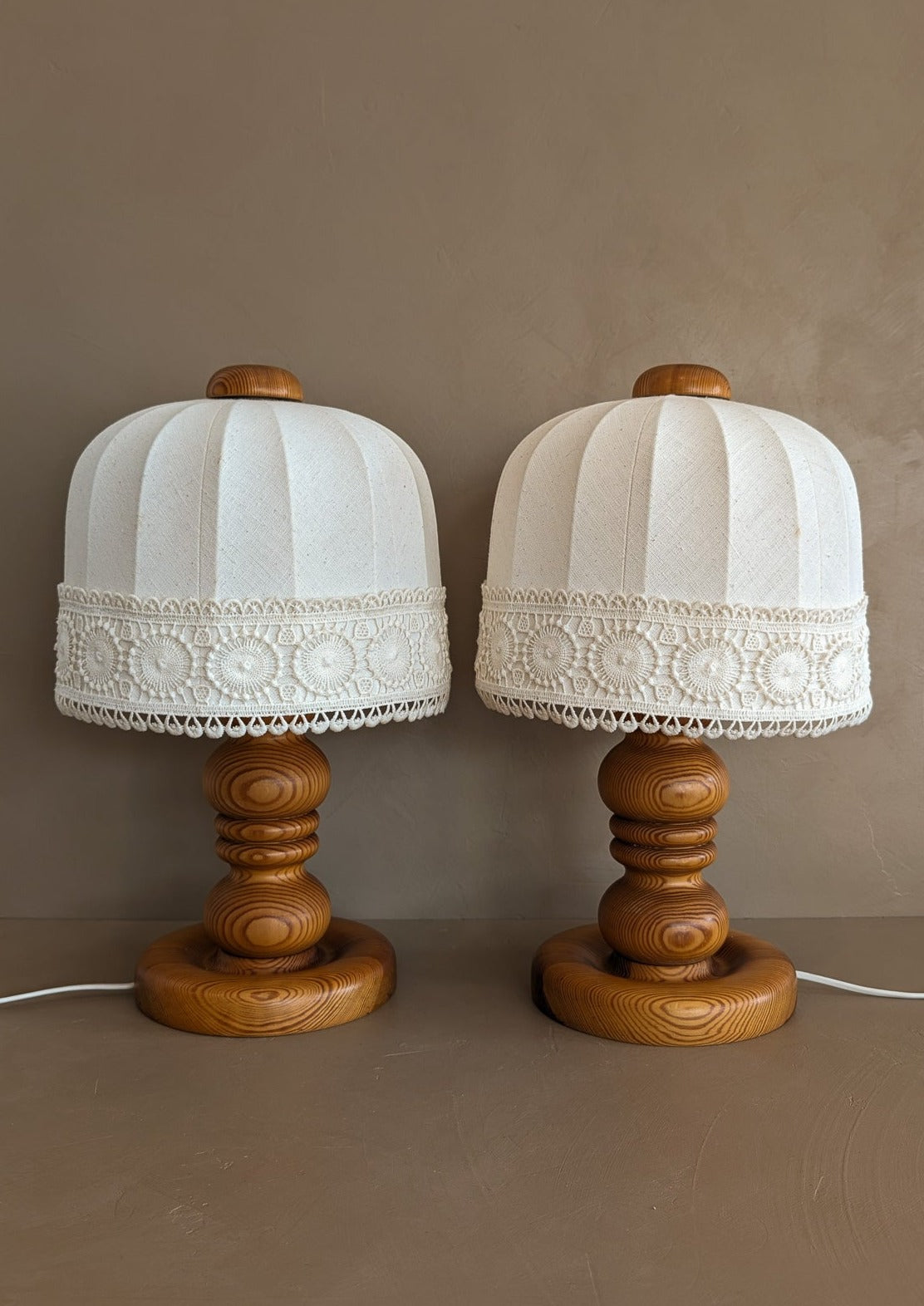 Pair of Vintage Swedish Markslöjd Pine Table Lamps with Original Linen Shades and Lace Trim