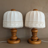 Pair of Vintage Swedish Markslöjd Pine Table Lamps with Original Linen Shades and Lace Trim