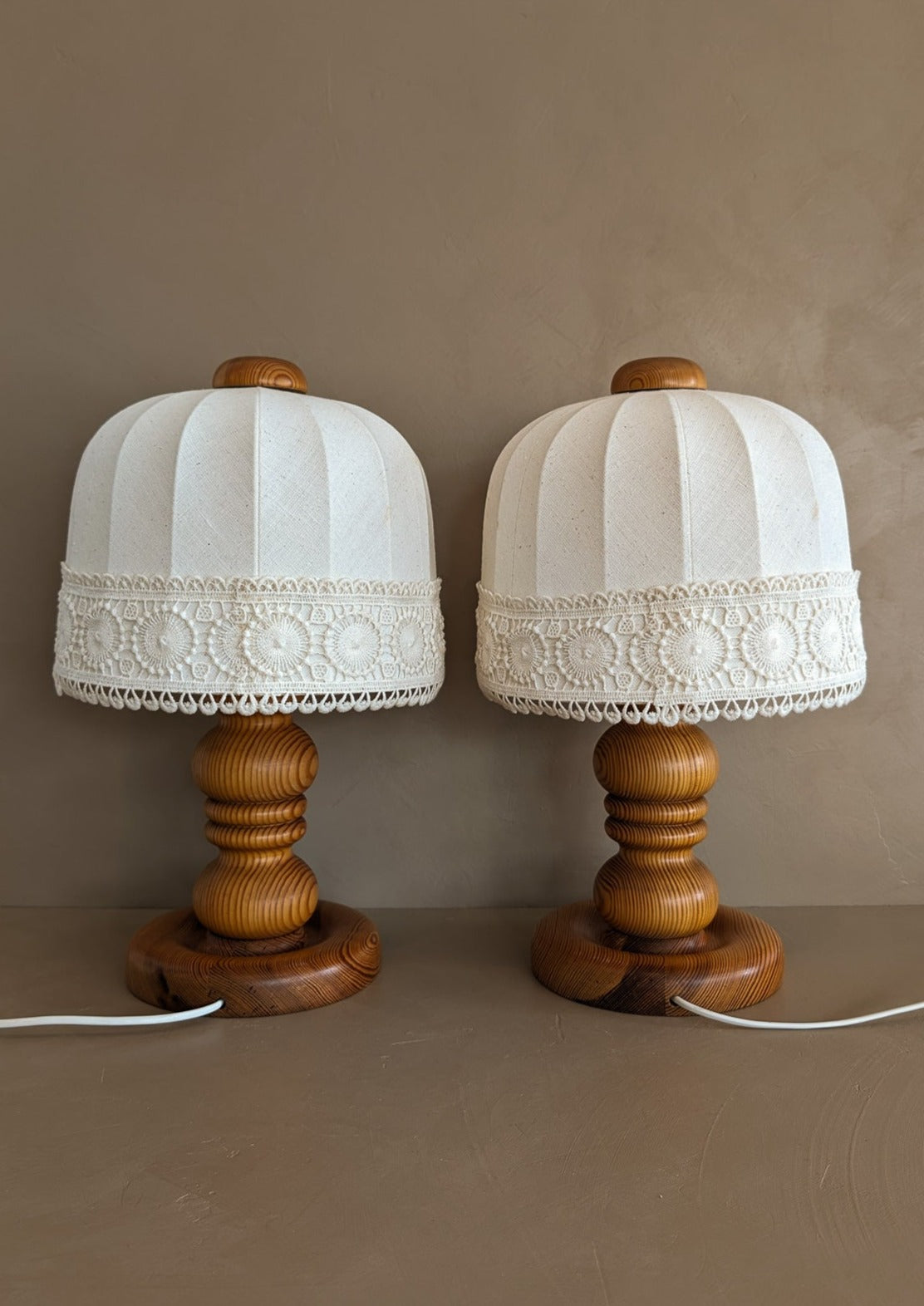 Pair of Vintage Swedish Markslöjd Pine Table Lamps with Original Linen Shades and Lace Trim