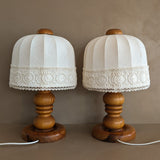 Pair of Vintage Swedish Markslöjd Pine Table Lamps with Original Linen Shades and Lace Trim