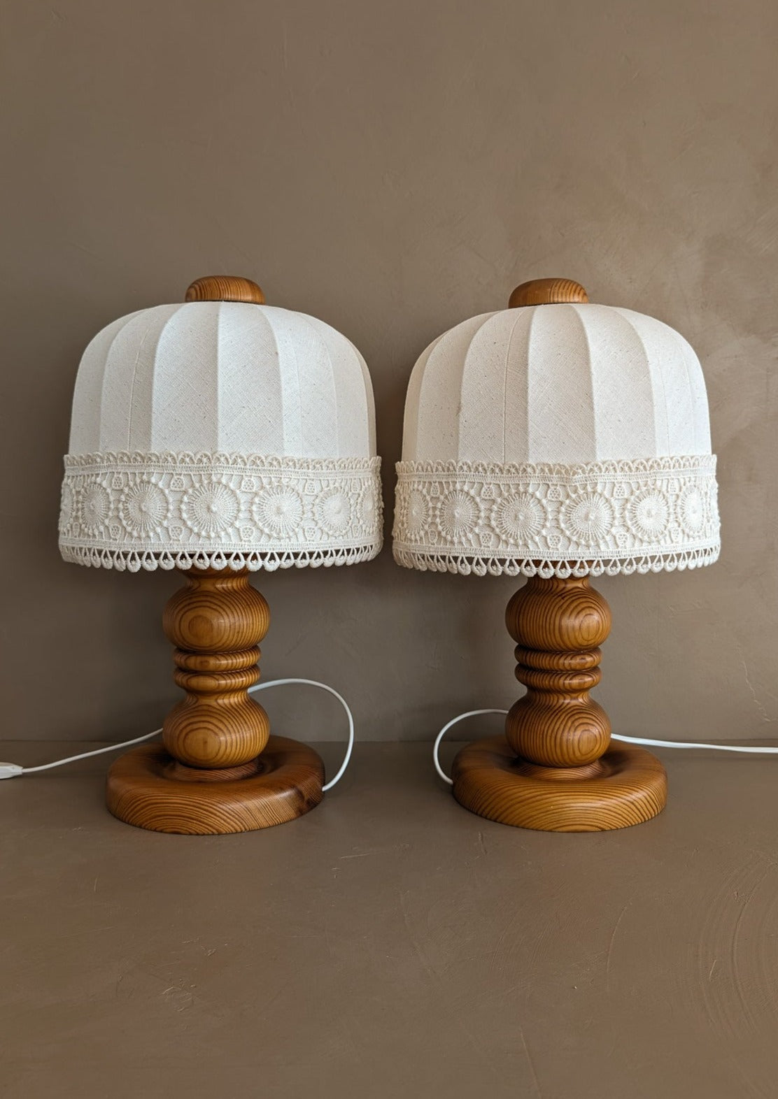 Pair of Vintage Swedish Markslöjd Pine Table Lamps with Original Linen Shades and Lace Trim