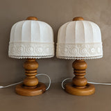 Pair of Vintage Swedish Markslöjd Pine Table Lamps with Original Linen Shades and Lace Trim