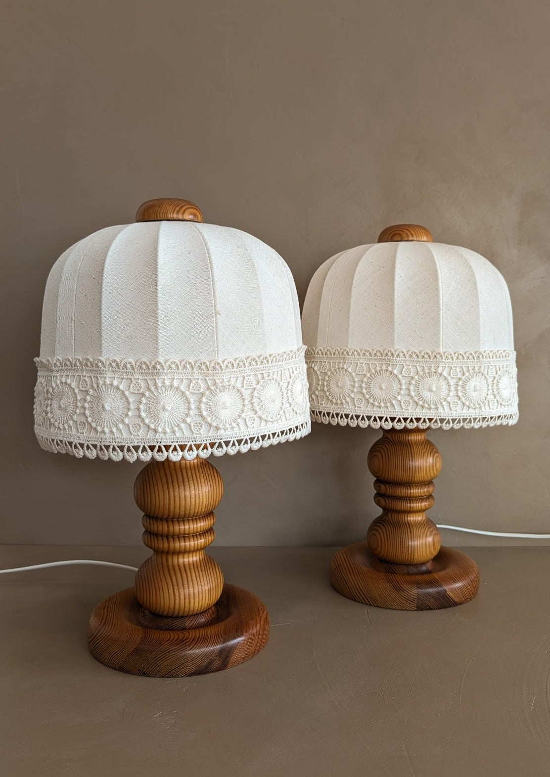 Pair of Vintage Swedish Markslöjd Pine Table Lamps with Original Linen Shades and Lace Trim