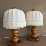 Pair of Vintage Swedish Markslöjd Pine Table Lamps with Original Linen Shades and Lace Trim