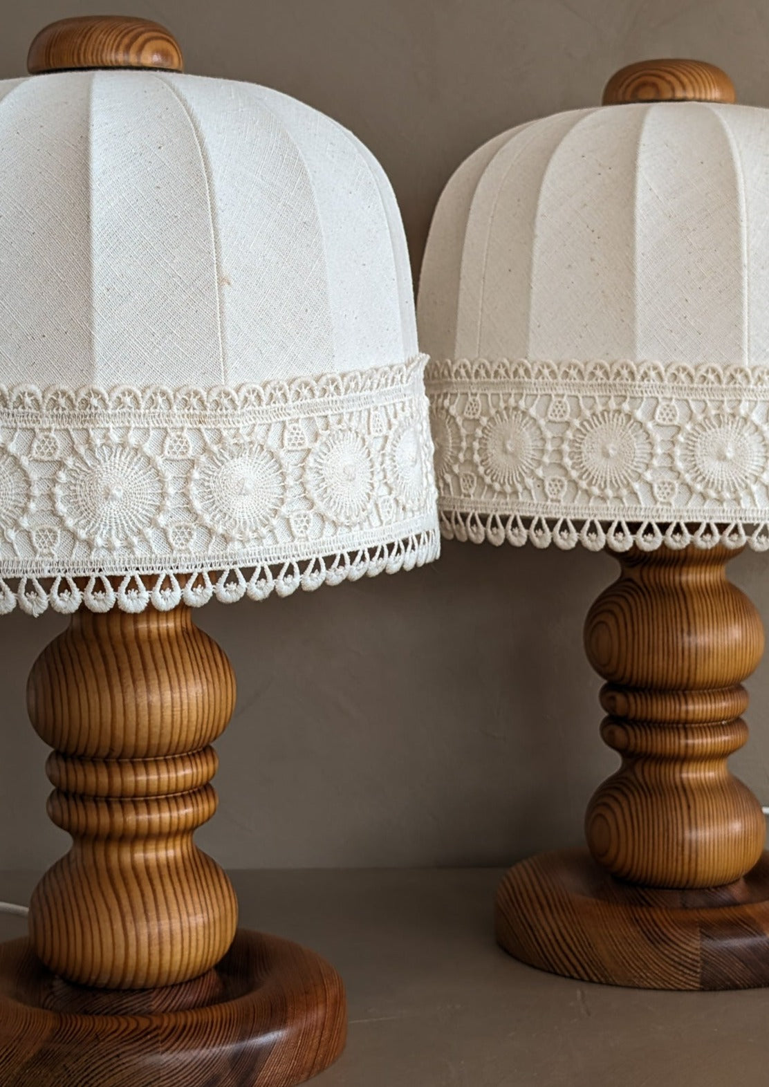 Pair of Vintage Swedish Markslöjd Pine Table Lamps with Original Linen Shades and Lace Trim