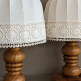 Pair of Vintage Swedish Markslöjd Pine Table Lamps with Original Linen Shades and Lace Trim