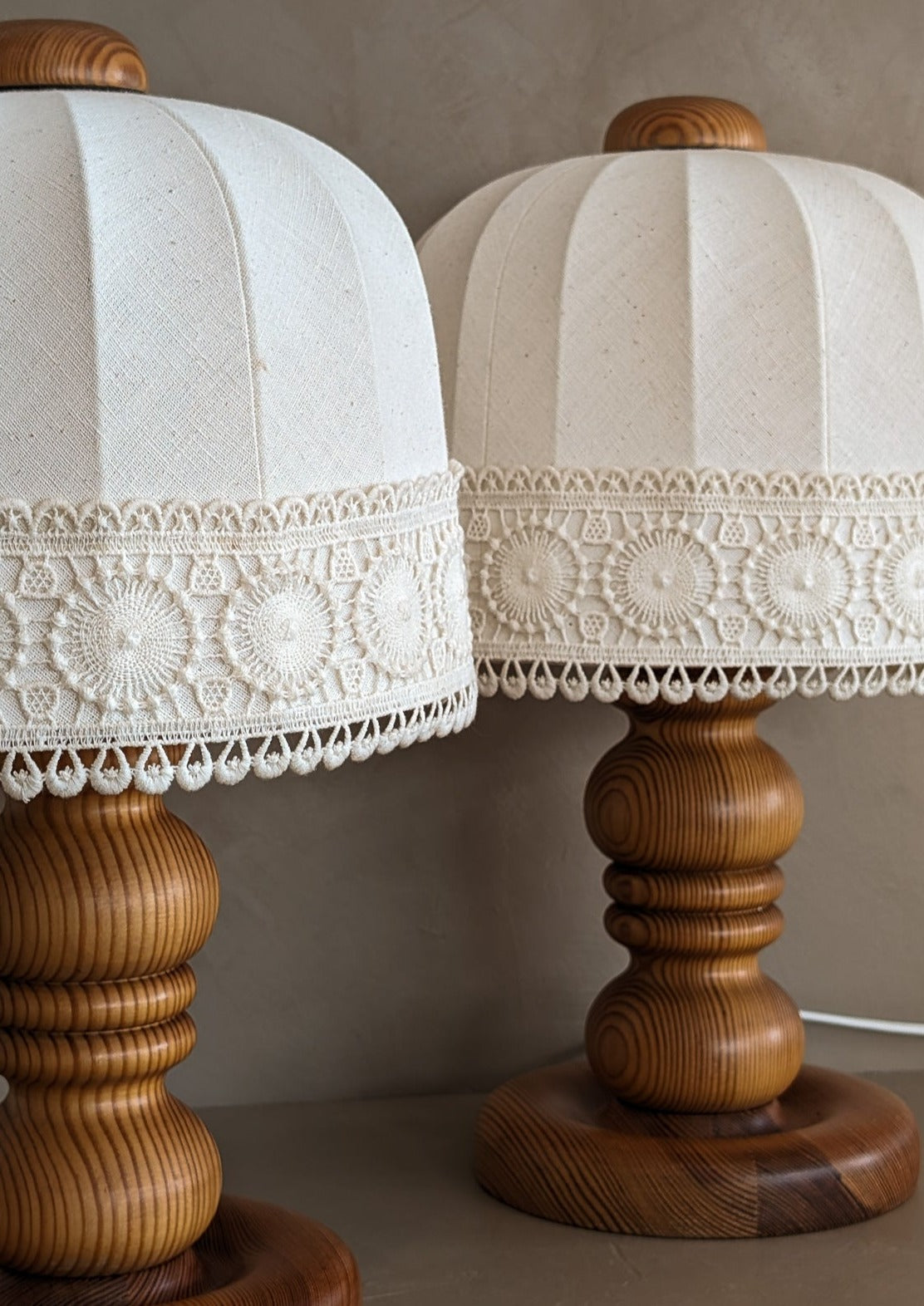 Pair of Vintage Swedish Markslöjd Pine Table Lamps with Original Linen Shades and Lace Trim