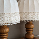 Pair of Vintage Swedish Markslöjd Pine Table Lamps with Original Linen Shades and Lace Trim