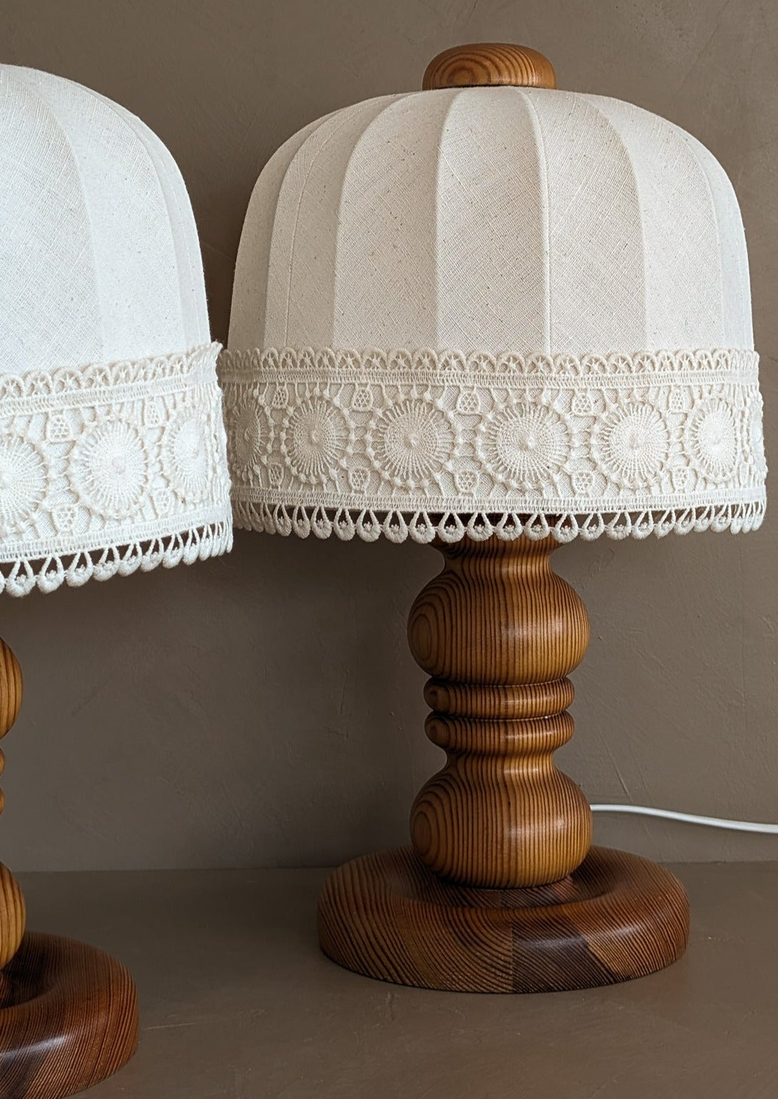 Pair of Vintage Swedish Markslöjd Pine Table Lamps with Original Linen Shades and Lace Trim