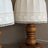 Pair of Vintage Swedish Markslöjd Pine Table Lamps with Original Linen Shades and Lace Trim