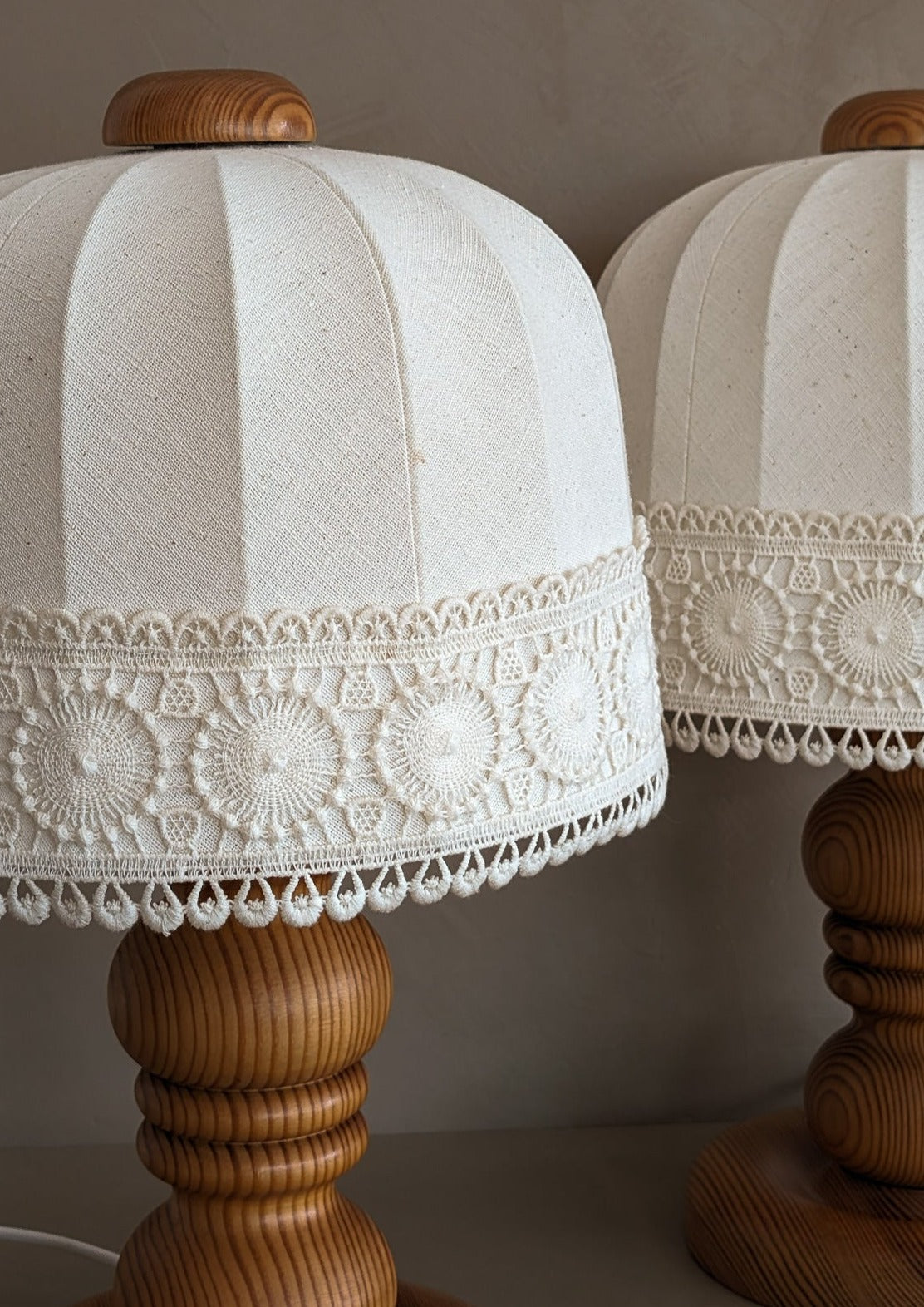 Pair of Vintage Swedish Markslöjd Pine Table Lamps with Original Linen Shades and Lace Trim