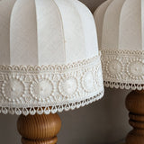 Pair of Vintage Swedish Markslöjd Pine Table Lamps with Original Linen Shades and Lace Trim