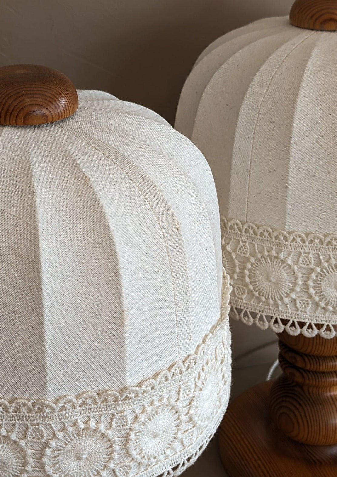 Pair of Vintage Swedish Markslöjd Pine Table Lamps with Original Linen Shades and Lace Trim