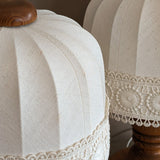 Pair of Vintage Swedish Markslöjd Pine Table Lamps with Original Linen Shades and Lace Trim