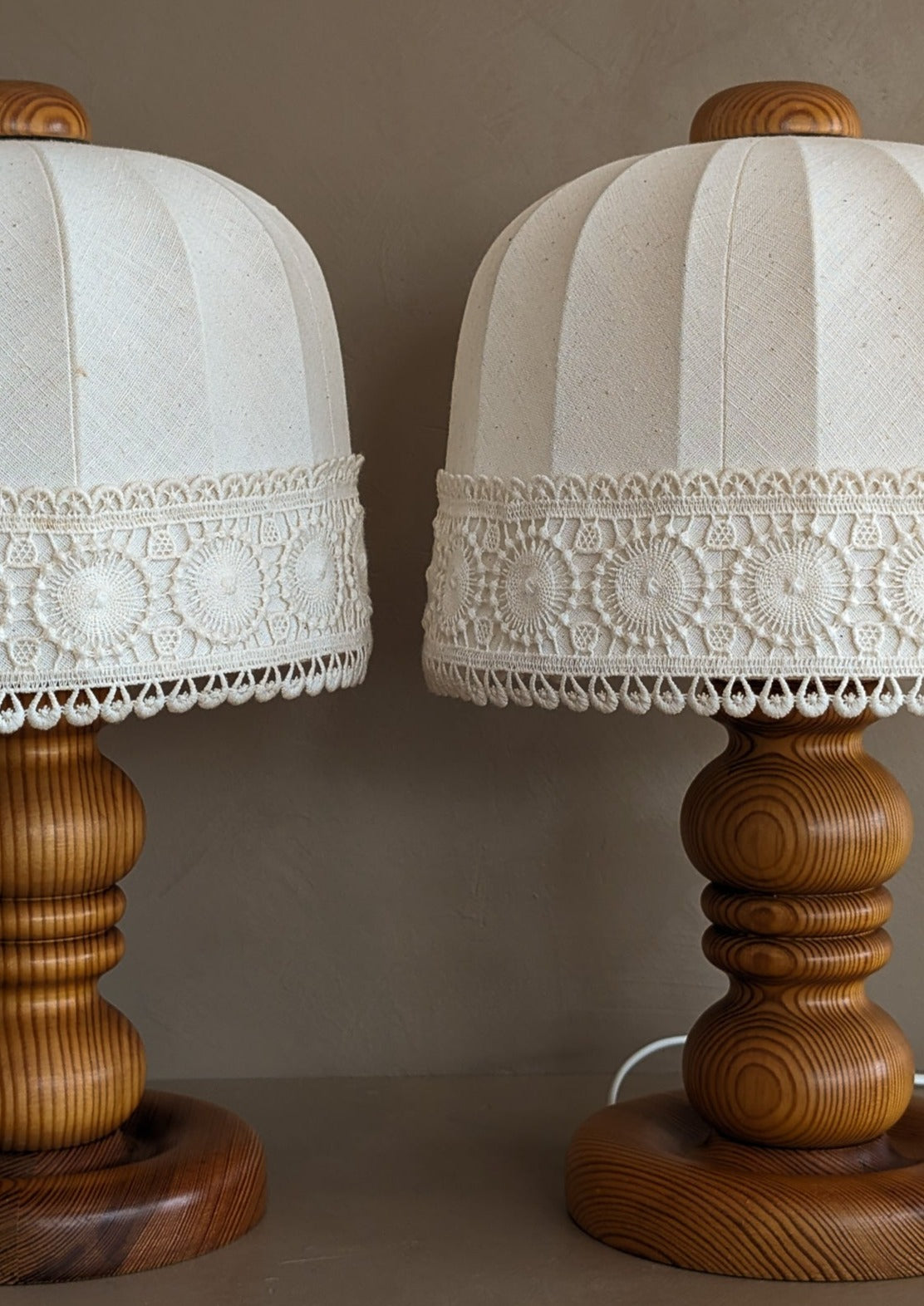 Pair of Vintage Swedish Markslöjd Pine Table Lamps with Original Linen Shades and Lace Trim