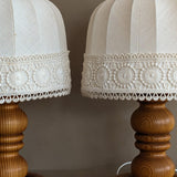 Pair of Vintage Swedish Markslöjd Pine Table Lamps with Original Linen Shades and Lace Trim