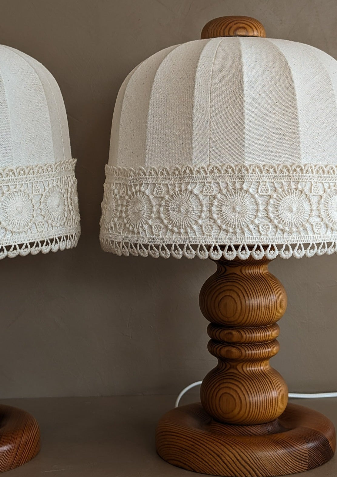 Pair of Vintage Swedish Markslöjd Pine Table Lamps with Original Linen Shades and Lace Trim