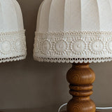 Pair of Vintage Swedish Markslöjd Pine Table Lamps with Original Linen Shades and Lace Trim