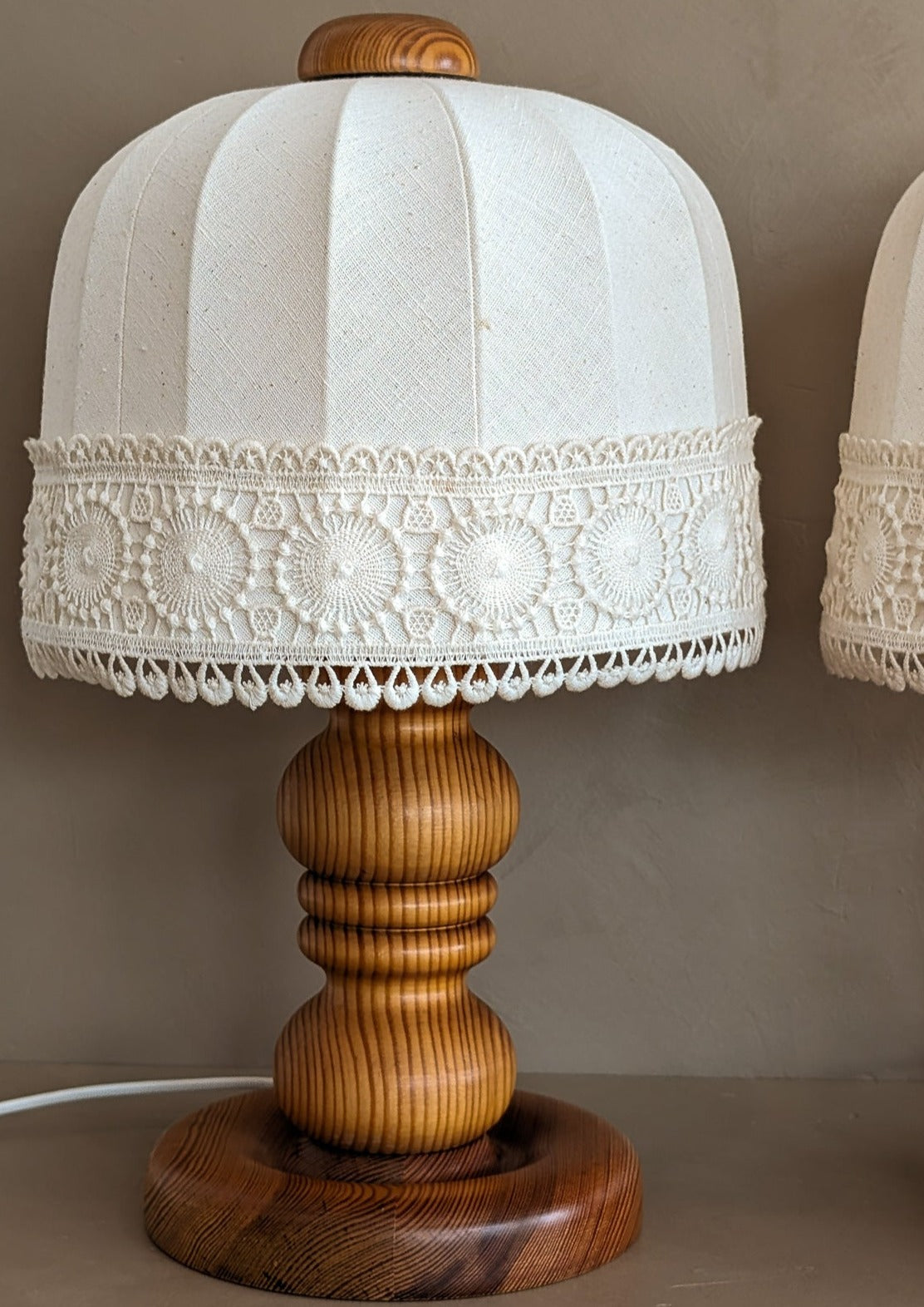 Pair of Vintage Swedish Markslöjd Pine Table Lamps with Original Linen Shades and Lace Trim