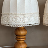 Pair of Vintage Swedish Markslöjd Pine Table Lamps with Original Linen Shades and Lace Trim