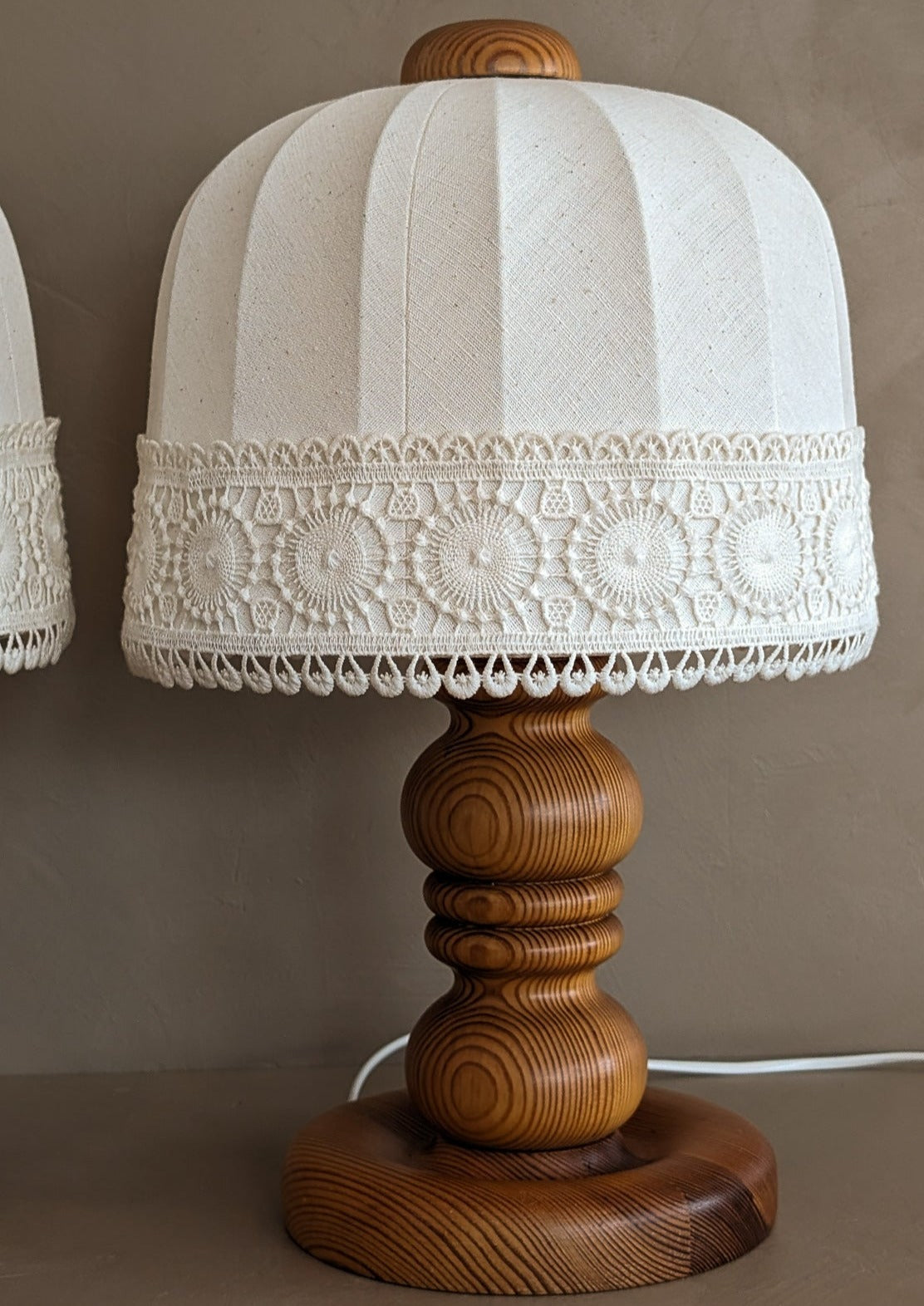 Pair of Vintage Swedish Markslöjd Pine Table Lamps with Original Linen Shades and Lace Trim