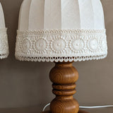 Pair of Vintage Swedish Markslöjd Pine Table Lamps with Original Linen Shades and Lace Trim