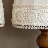 Pair of Vintage Swedish Markslöjd Pine Table Lamps with Original Linen Shades and Lace Trim