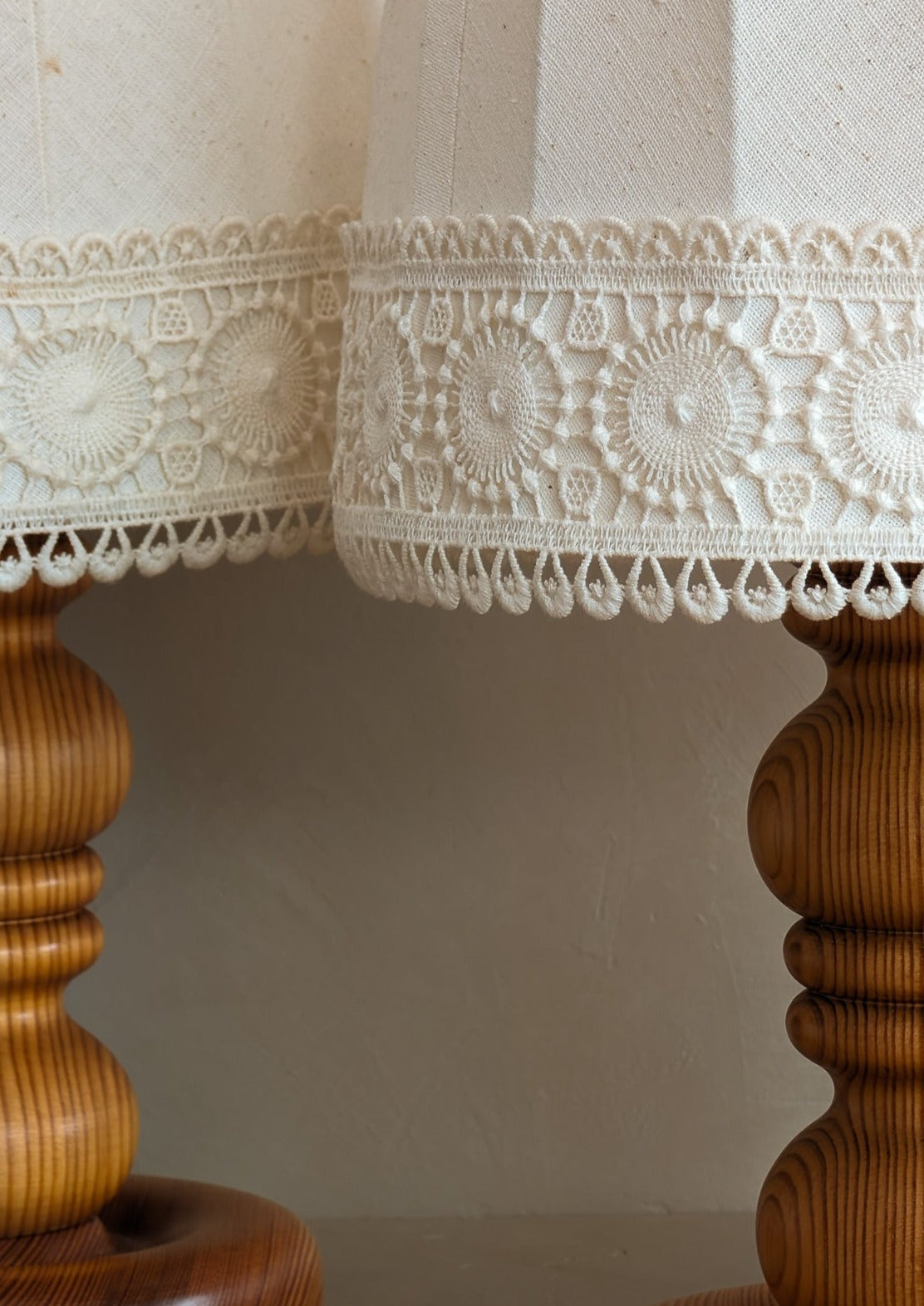 Pair of Vintage Swedish Markslöjd Pine Table Lamps with Original Linen Shades and Lace Trim