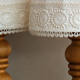 Pair of Vintage Swedish Markslöjd Pine Table Lamps with Original Linen Shades and Lace Trim