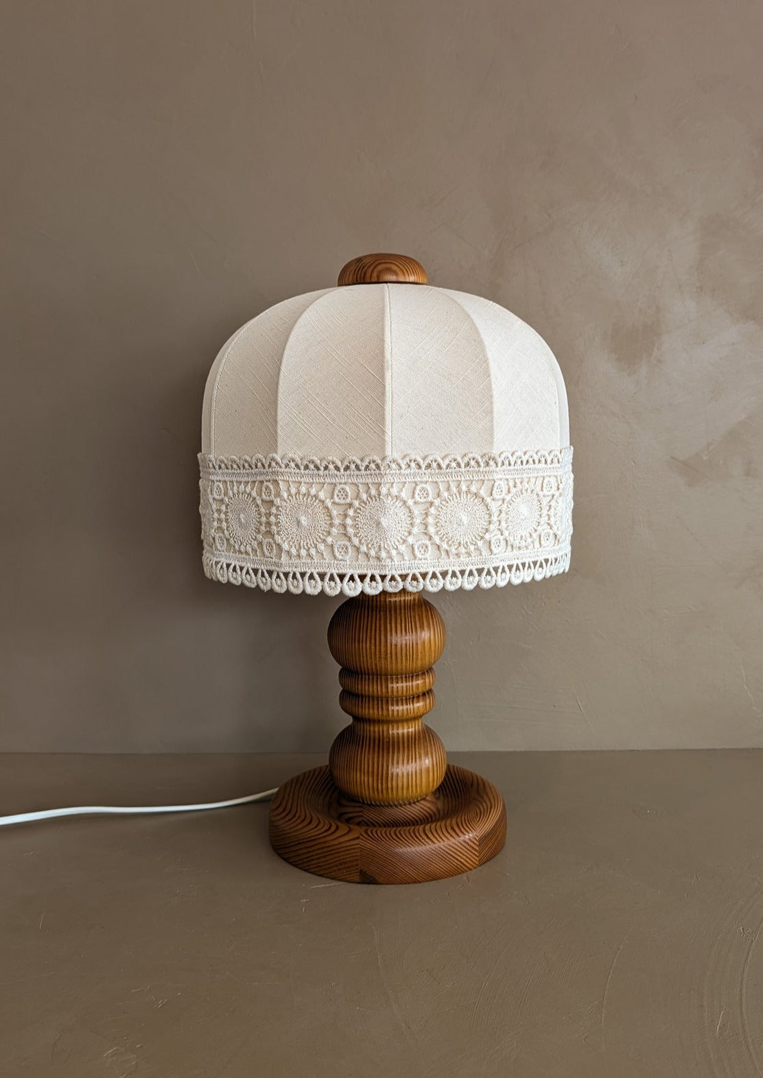 Vintage Swedish Markslöjd Pine Table Lamp with Original Shade and Lace Trim