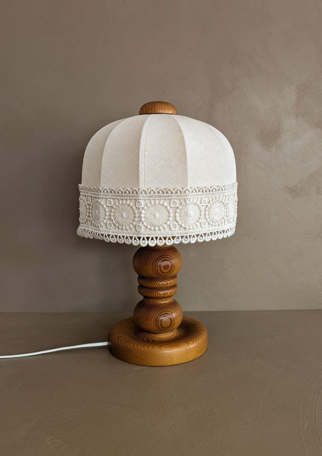 Vintage Swedish Markslöjd Pine Table Lamp with Original Shade and Lace Trim