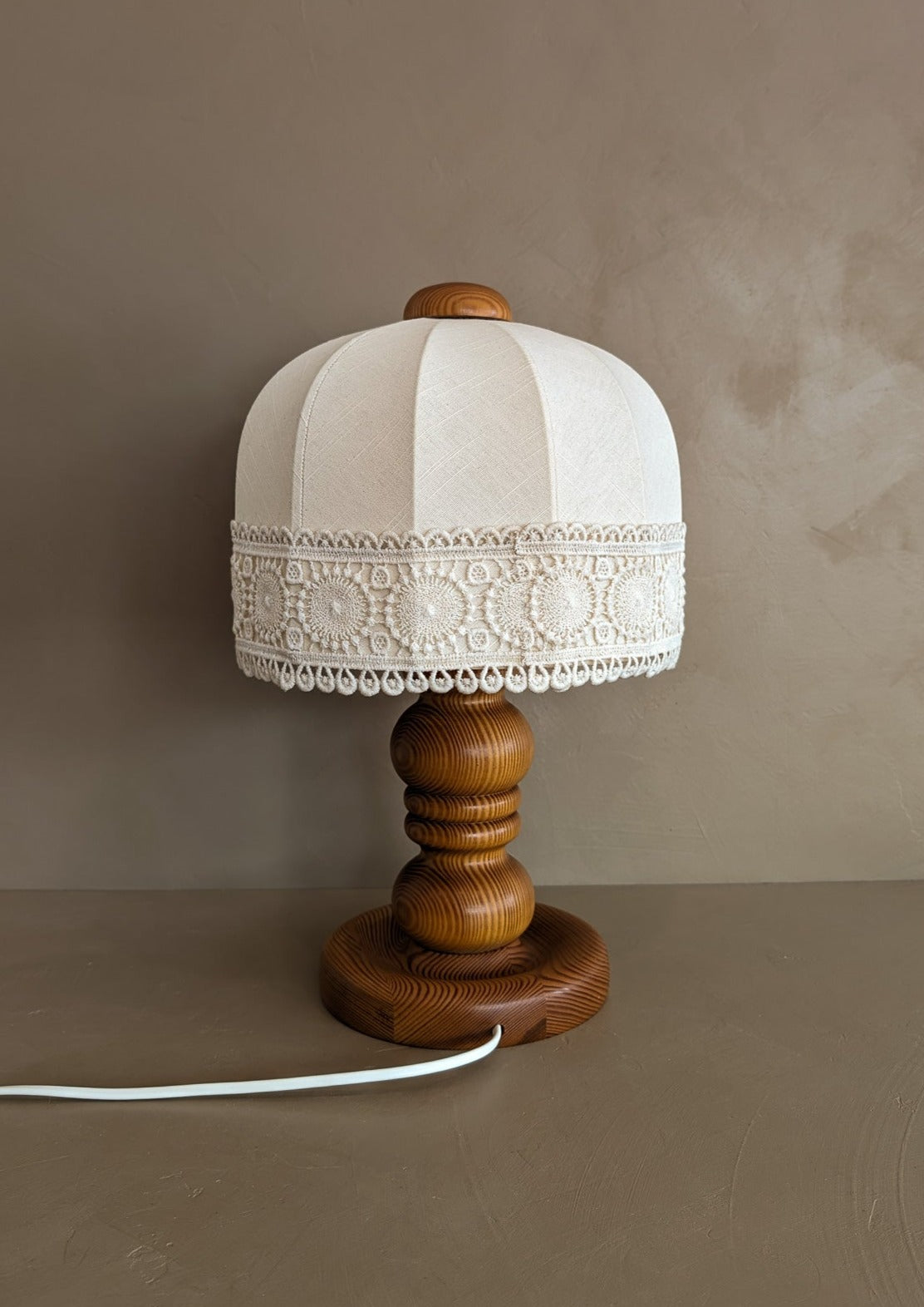 Vintage Swedish Markslöjd Pine Table Lamp with Original Shade and Lace Trim